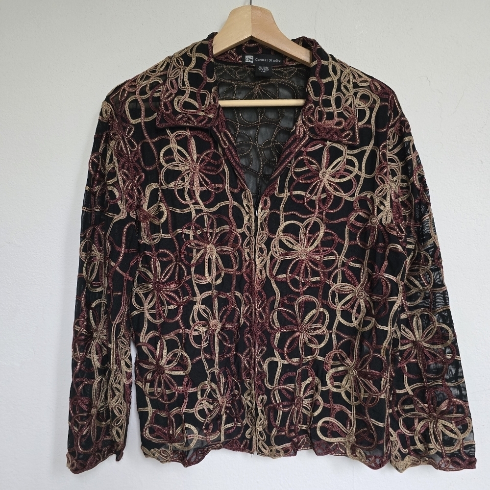 Casual Studio Black Mesh Embroidered Floral Vintage Jacket Size Medium